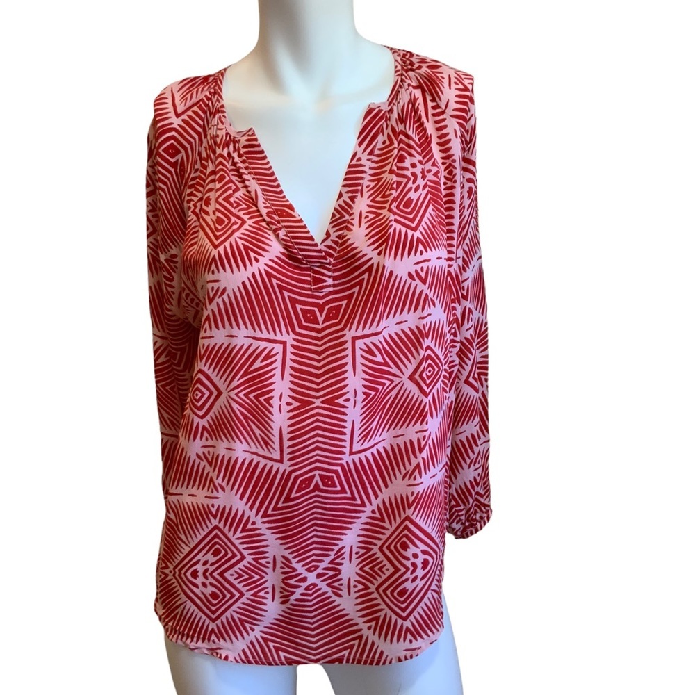 Duet Elowen Silk Red Print Popover Blouse sz S EUC